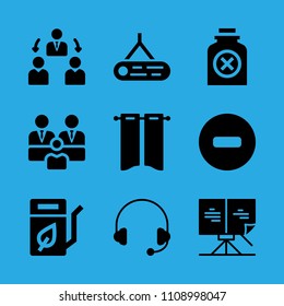 no entry, biodiesel, curtains, poison, headphones, manager, log, group and sheet music vector icon. Simple icons set
