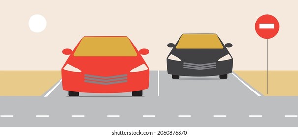 No entry car and sign. Flat vector stock illustration. Traffic Laws. Road safety. Driving and busy traffic. Prohibiting road sign. Stopping the car. Vector graphics
