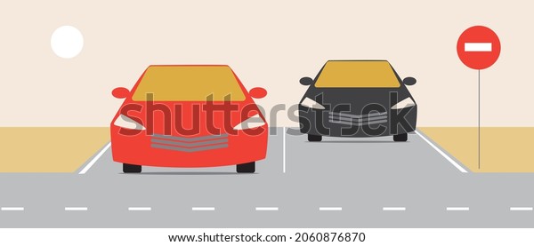No entry car and sign.\
Flat vector stock illustration. Traffic Laws. Road safety. Driving\
and busy traffic. Prohibiting road sign. Stopping the car. Vector\
graphics