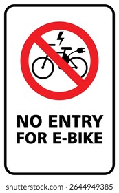 nenhuma entrada para o sinal de e-bike. Nenhum sinal de zona de bicicleta elétrica com fundo branco
