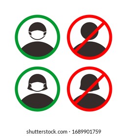No entry if no face mask or wear mask icon. People with and without Face Mask Sign. Attention warning symbol vector illustration