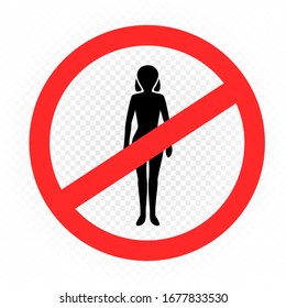 No entry female sign on white transparent background. People ban symbol sticker. Woman silhouette template