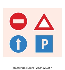 No entry, give way, straight ahead and parking traffic signs on a light pink background