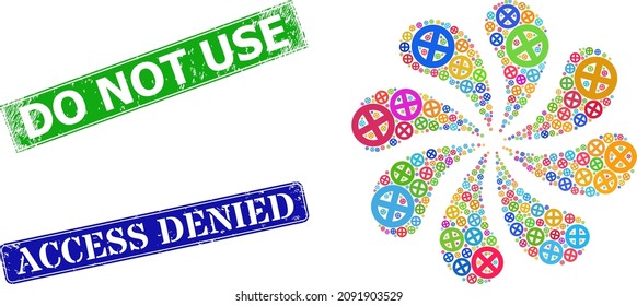 No Entry Icon Colored Swirl Motion Flower Fireworks Composition, And Grunge Do Not Use Stamp Seal. Blue Access Denied And Green Do Not Use Rectangle Grunge Seal Stamps.