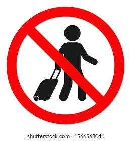 NO ENTRY for passengers sign. Man with luggage in red crossed out circle. Vector.