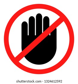 No entry! Red stop hand sign for prohibited activities. Vector illustration, stop hand red badge, stop hand icon, black stop hand picture.