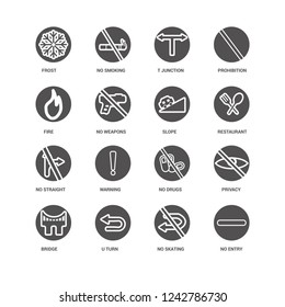 No entry, Restaurant, Slope, Bridge, Privacy, Frost, Fire, straight, skating, U turn, T junction icon 16 set EPS 10 vector format. Icons optimized for both large and small resolutions.