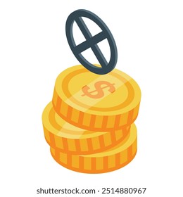 No hay ninguna señal de entrada flotando sobre una pila de monedas de oro, lo que representa una pérdida de inversión o una crisis financiera