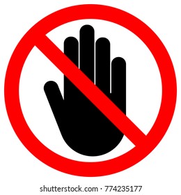 NO ENTRY sign. Left hand palm. STOP icon in crossed out red circle. Vector.