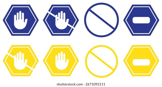 NO ENTRY sign, Prohibition sign, Stop palm hand icon in crossed out red circle,No Sign and Stop Sign Icon Set , black and red color vector illustration, shilhiouette 