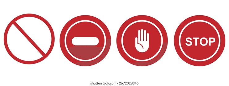NO SIGNO DE ENTRADA, Signo de prohibición, Icono de la mano de la palma de la mano en el círculo rojo tachado, No Sign and Stop Sign Icon Set, Ilustración vectorial de color negro y rojo,