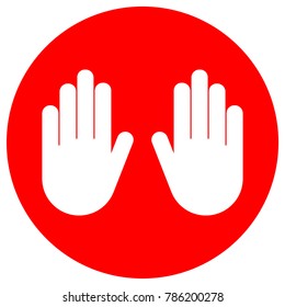 NO ENTRY sign in red circle. Two STOP hands. Vector icon.