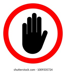 NO ENTRY sign. STOP HAND in red circle. Vector icon.