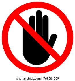 NO ENTRY sign. Stop palm hand icon in crossed out red circle. Vector.