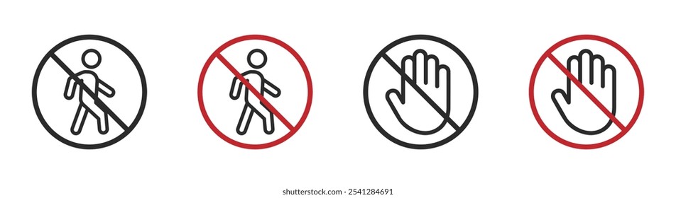No entry sign vector icons set. Ban sign. No pedestrian icon. No entry icon