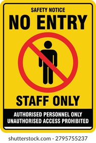 No entry staff only restriction sign. Security related warning sign: authorized personnel only, restricted access, workplace control, facility protection and safety communication. Editable vector template. Vector illustration.