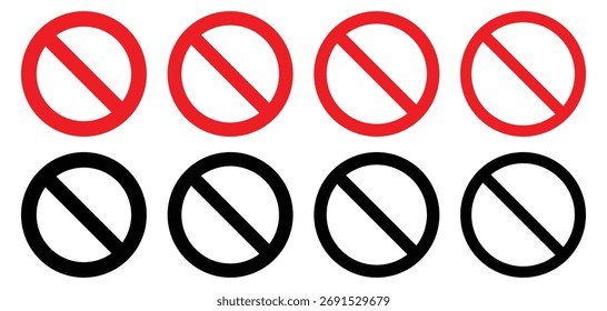 Keine Eingabe- und Stoppschild-Symbole - Verbots- und Warnvektorsymbole mit roten und schwarzen Kreisen, Vektorgrafik.
