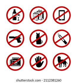 No hay plantilla de etiqueta con símbolo de entrada. Conjunto de iconos de forma vectorial simple, silueta negra. La información de advertencia deja de firmar en un lugar público. Zona de restricción.
