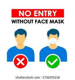 No Entry Without Face Mask or Wear a Mask Icon, Caution sign, Vector Image.