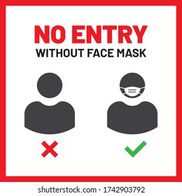 No entry without face mask information sign. Poster with two icons of person wearing facemask and without it