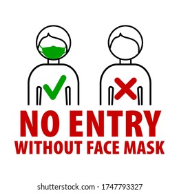 No entry without face mask.  Silhouette person with mask over their face and silhouette person without mask. Prevent COVID-19. Symbol can be used during coronavirus or covid outbreak. EPS10.
