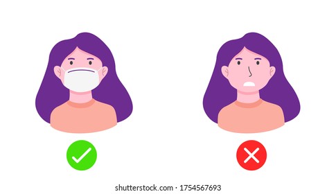 No entry without face mask or wear mask icon. Vector illustration of yes no sign with woman wearing or not wearing a mask.