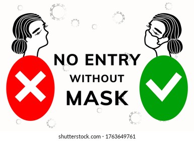 No entry without face mask. Stock vector illustration of character in medical flu mask. Passage only in mask, without mask entry is prohibited. Advertisement for protection and prevention coronavirus.