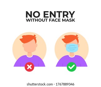 No entry without face mask signs. No face mask no entry sign. Man characters wear mask signs. Prevention rules.