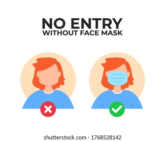 No entry without face mask sign. Vector illustration of character in medical flu mask. Advertisement for protection and prevention coronavirus. Passage only in mask, without mask entry is prohibited.