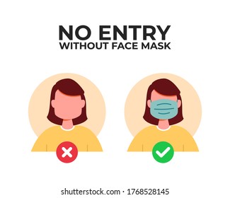 No entry without face mask signs. No face mask no entry sign. Woman characters wear mask signs. Prevention rules.