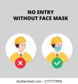 No entry without face mask. Man worker vector illustration of forbidden entry if not wearing a face mask and keep distancing in covid 19 pandemic. 