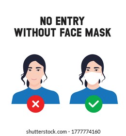 No entry without face mask. Business woman vector illustration of forbidden entry if not wearing a face mask and keep distancing in covid 19 pandemic. 