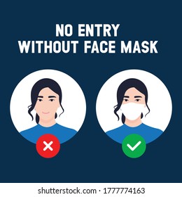 No entry without face mask. Business woman vector illustration of forbidden entry if not wearing a face mask and keep distancing in covid 19 pandemic. 