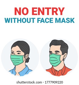 No Entry Without Face Mask or Wear a Mask Icon. HAND DRAWN icon vector line with color