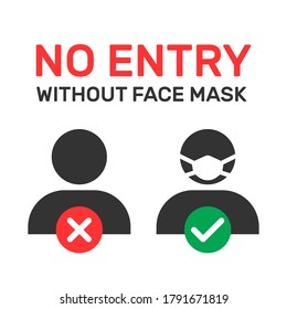 No Entry without face mask information sign. Isolated vector illustration of recommended protective safety tools during COVID pandemia.