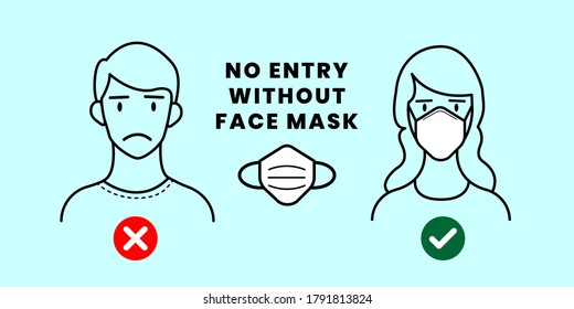 No Entry Without Face Mask or Wear a Mask, Portrait or Person Head. Vector illustration.