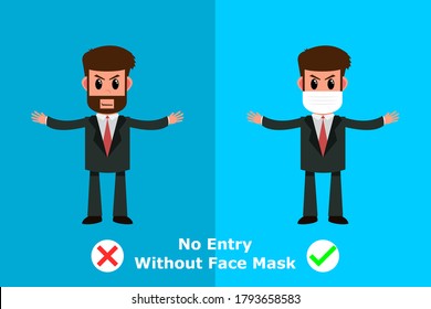 No entry without face mask. People wearing mask. Germ prevention concept. Vector illustration.