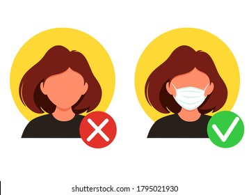 No entry without a face mask. Wear face mask. Right and wrong wearing a mask. Vector illustration in a flat style.