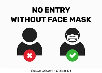 No entry without face mask. Vector icon illustration sign designed to instruct people wear a facemask mandatory due to coronavirus COVID. Required corona protection rule to prevent spread of virus V2