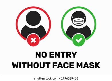 No entry without face mask. Vector icon illustration sign designed to instruct people wear a facemask mandatory due to coronavirus COVID. Required corona protection rule to prevent spread of virus V3