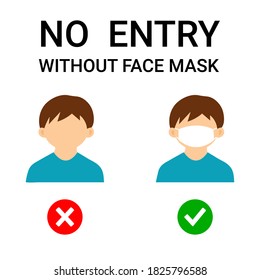No Entry Without Face Mask or Wear a Mask Icon. Vector Image.Boy wearing protective Medical mask for prevent virus