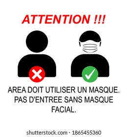 No entry Without Face Mask or Wear a Mask Icon. Vector Image. Area must use a mask. French language.