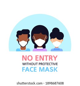 Sin entrada sin máscara facial, personas con máscara facial aisladas en fondo blanco, pancarta de estilo plano