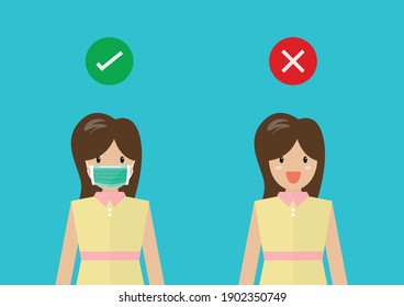 No entry without face mask. Woman wearing a protective medical mask for prevent virus Covid-19. Vector illustration.
