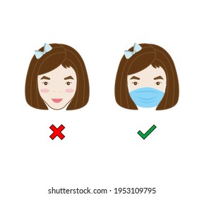 No Entry Without Face Mask. Wrong and right Wear a Face Covering Icon. People protection. Vector illustration
