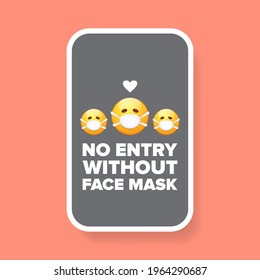No entry without face mask icon sticker or poster with yellow smile face with mouth medical face mask on grey background
