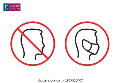 No entry without face mask icon. Editable stroke.. Vector illustration.