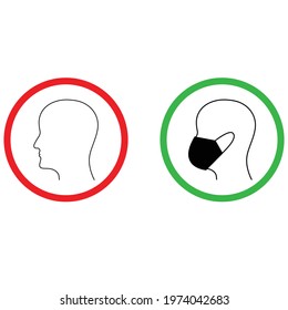 No entry without face mask icon. person wearing a mask and without mask sign covid 19, pandemic protect sign