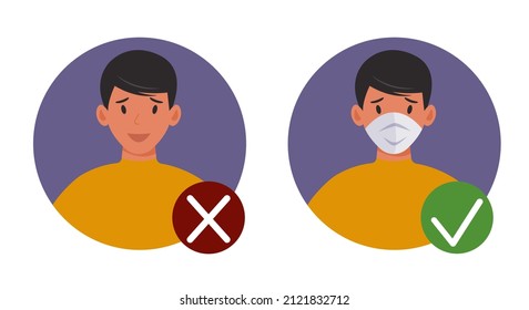 No entry without face mask. Man in and without medical mask. Advertisement for the protection and prevention coronavirus. Vector illustration in flat style.