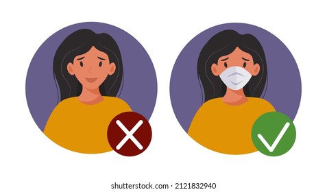 No entry without face mask. Woman in and without medical mask. Advertisement for the protection and prevention coronavirus. Vector illustration in flat style.